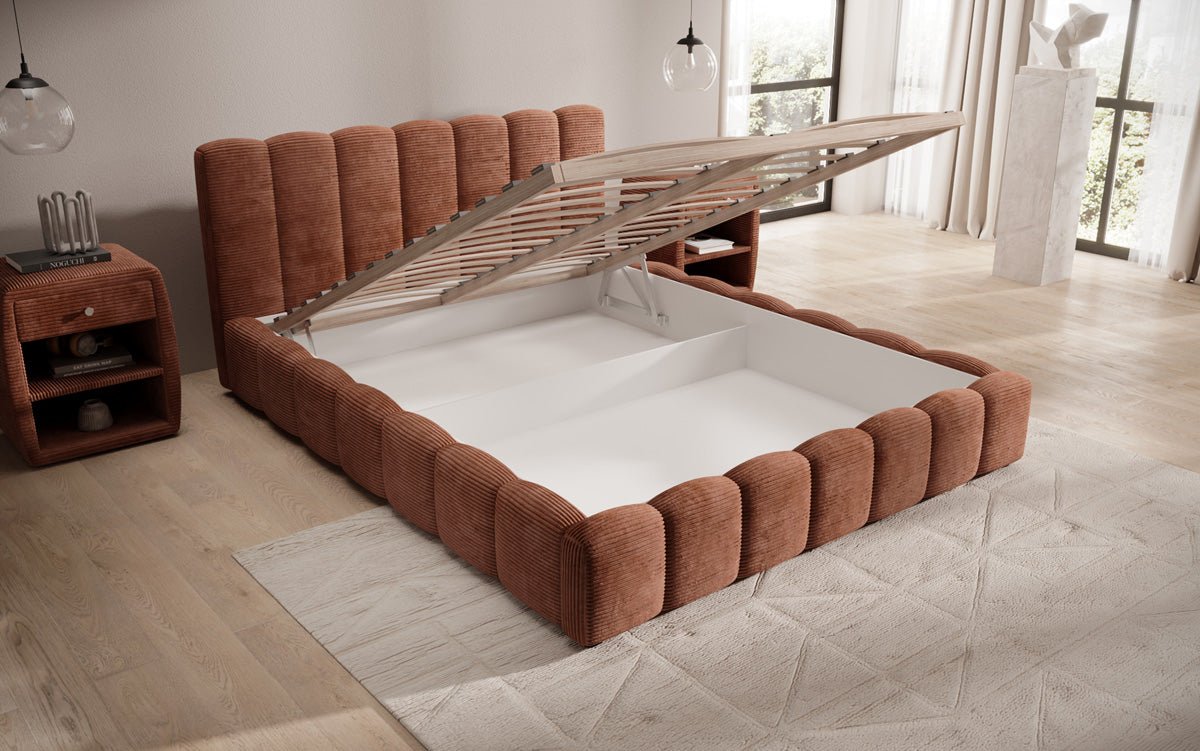 Designer Polsterbett Nuveo in Cord mit Stauraum