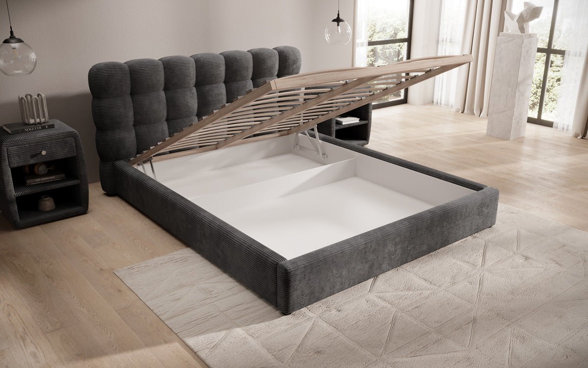 Designer Polsterbett Calivo in Cord mit Stauraum