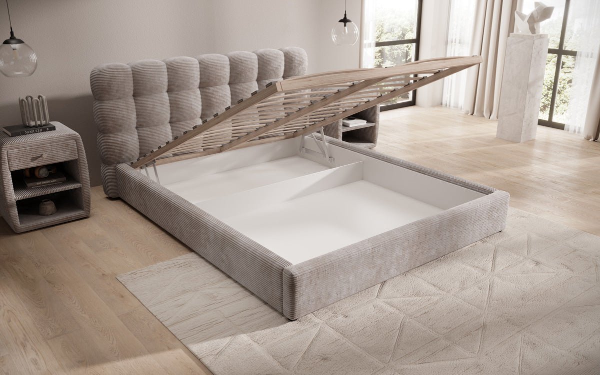 Designer Polsterbett Calivo in Cord mit Stauraum