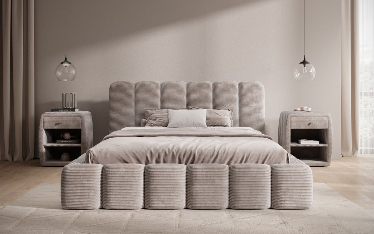 Designer Polsterbett Tevara in Cord mit Stauraum