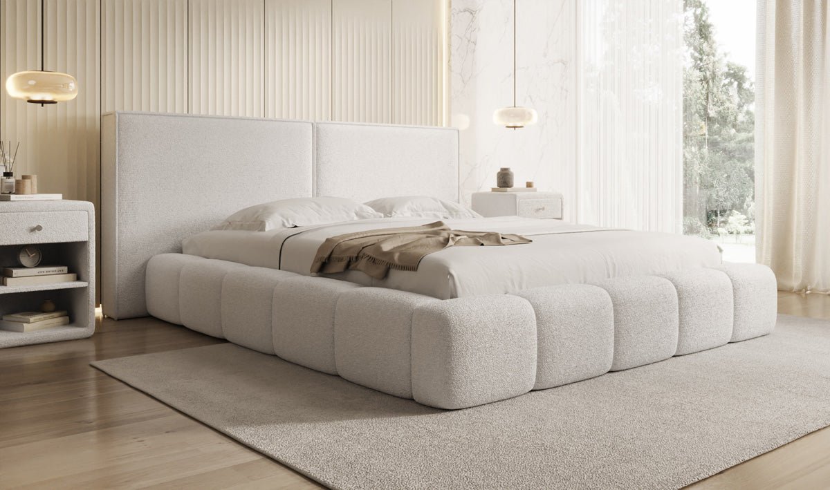 Designer Polsterbett Elise in Teddy Bouclé mit Stauraum