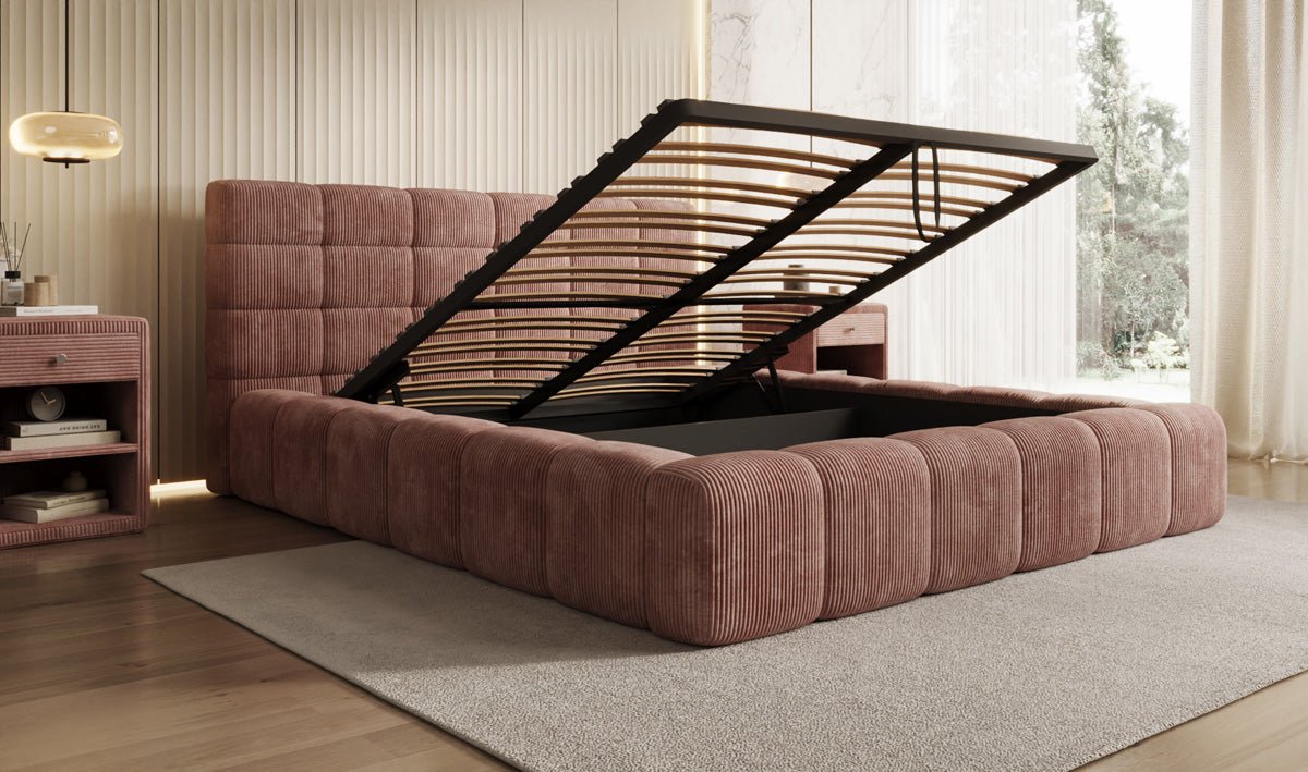 Designer Polsterbett Marshmallow in Cord mit Stauraum
