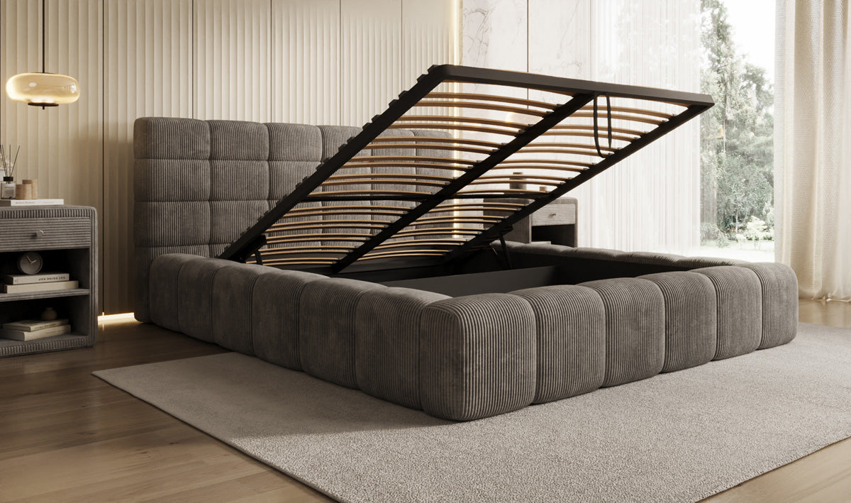 Designer Polsterbett Marshmallow in Cord mit Stauraum