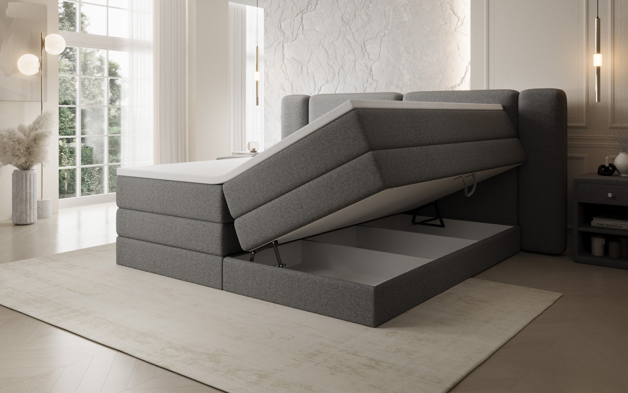 Boxspringbett Leni mit hochklappbarem Stauraum in Teddy Bouclé