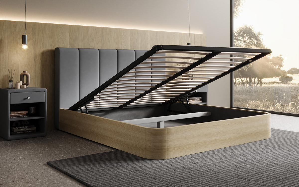 Designer Polsterbett Fiore Piano in Stoff mit Stauraum