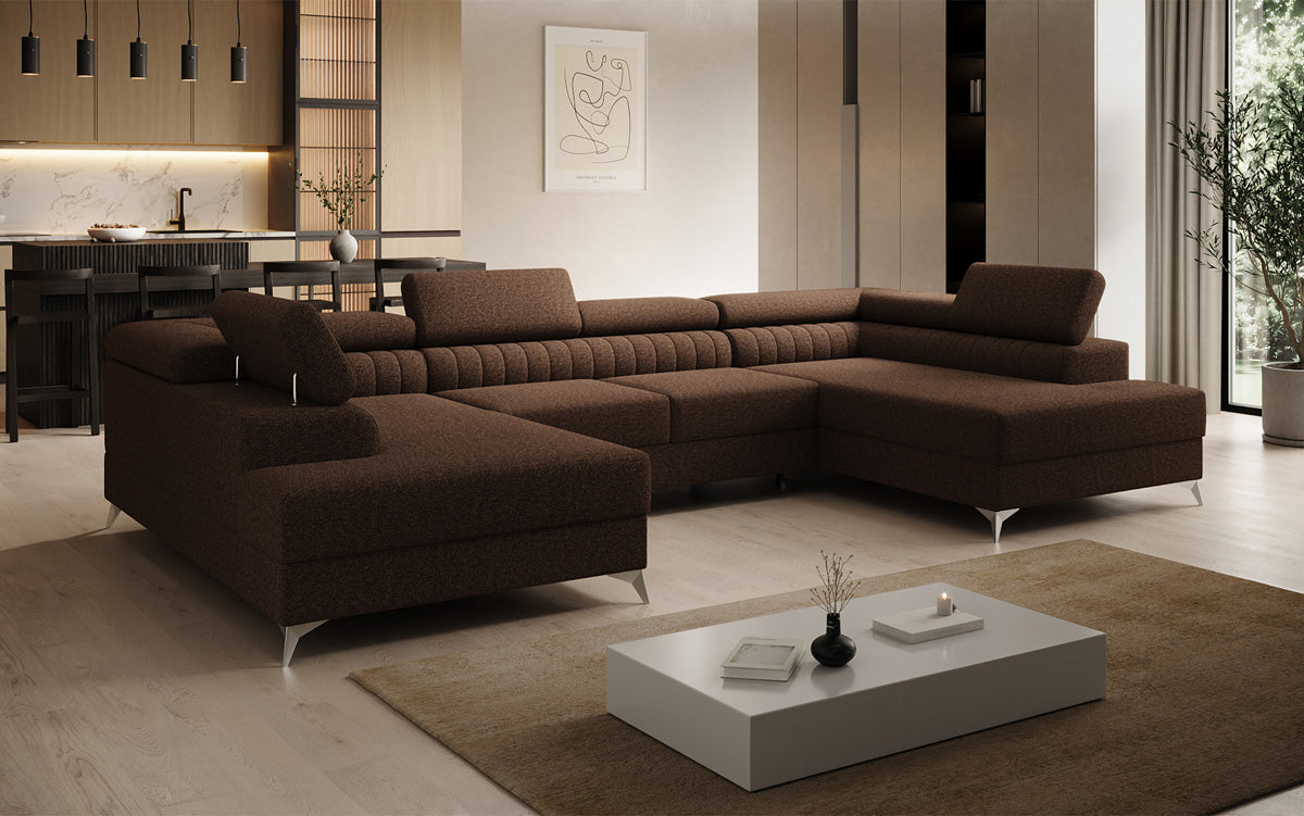 Designer Sofa Aurea U mit Schlaf- und Klappfunktion in Bouclé