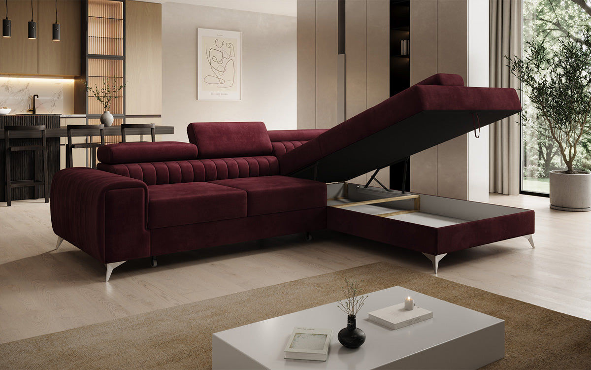 Designer Ecksofa Aurea mit Schlaf- und Klappfunktion in Samt