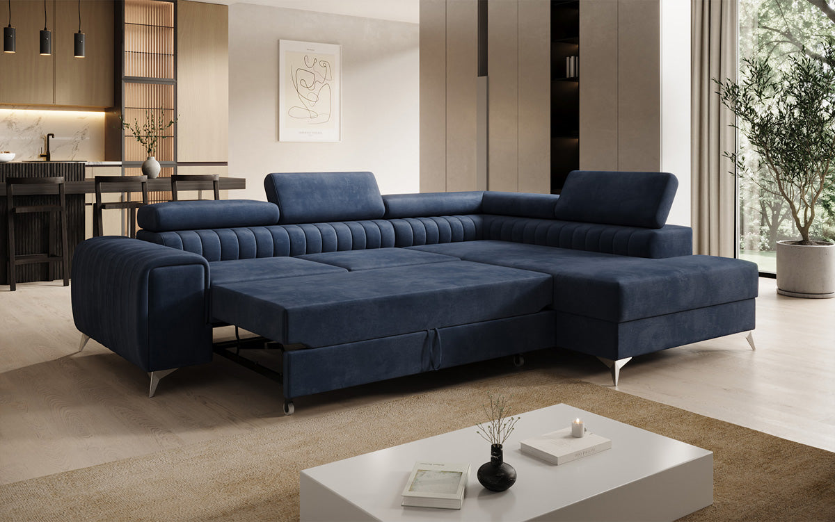 Designer Ecksofa Aurea mit Schlaf- und Klappfunktion in Samt