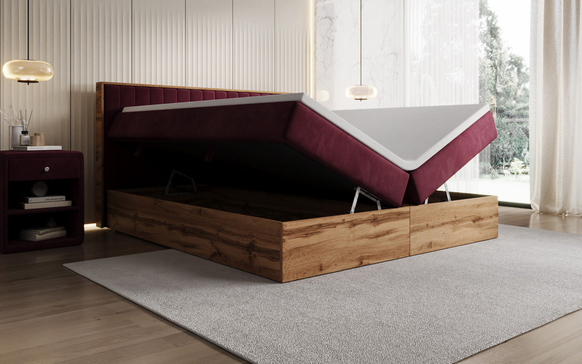 Boxspringbett Timber Line mit Stauraum in Samt