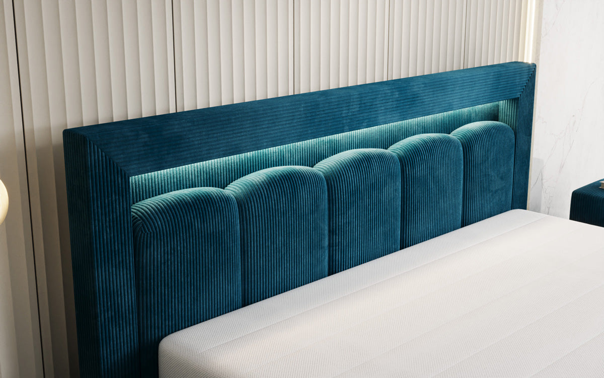 Designer Polsterbett Lume in Cord mit Stauraum und RGB Beleuchtung