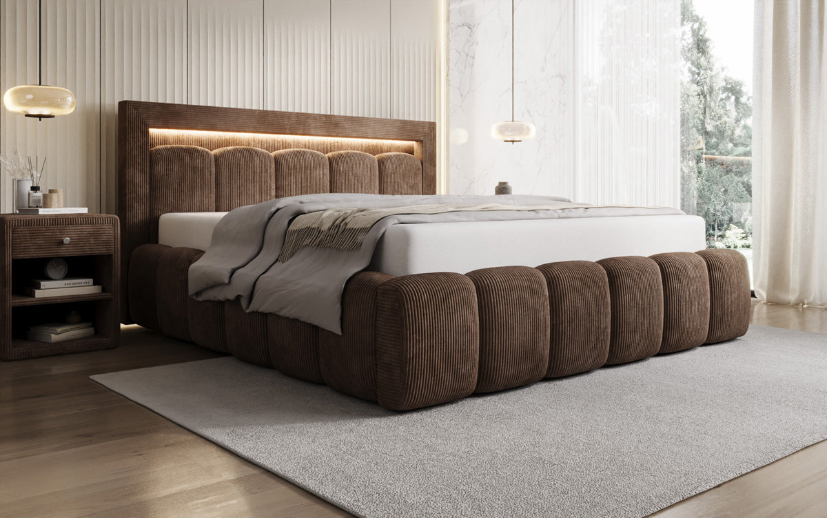 Designer Polsterbett Lume in Cord mit Stauraum und RGB Beleuchtung