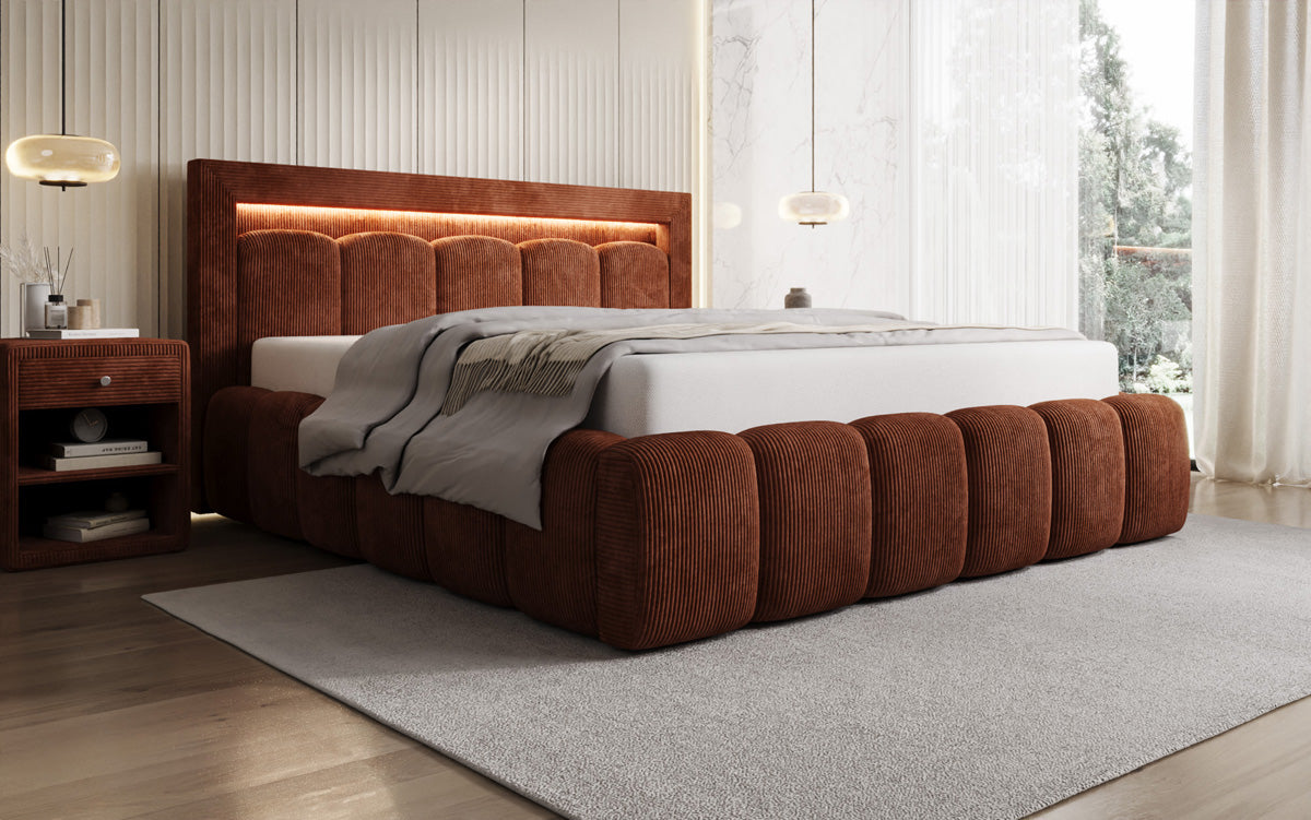 Designer Polsterbett Lume in Cord mit Stauraum und RGB Beleuchtung