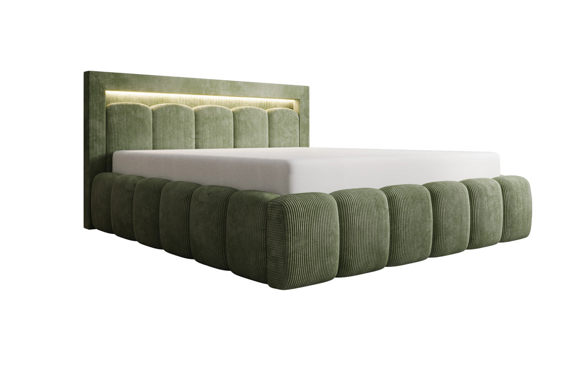 Designer Polsterbett Lume in Cord mit Stauraum und RGB Beleuchtung