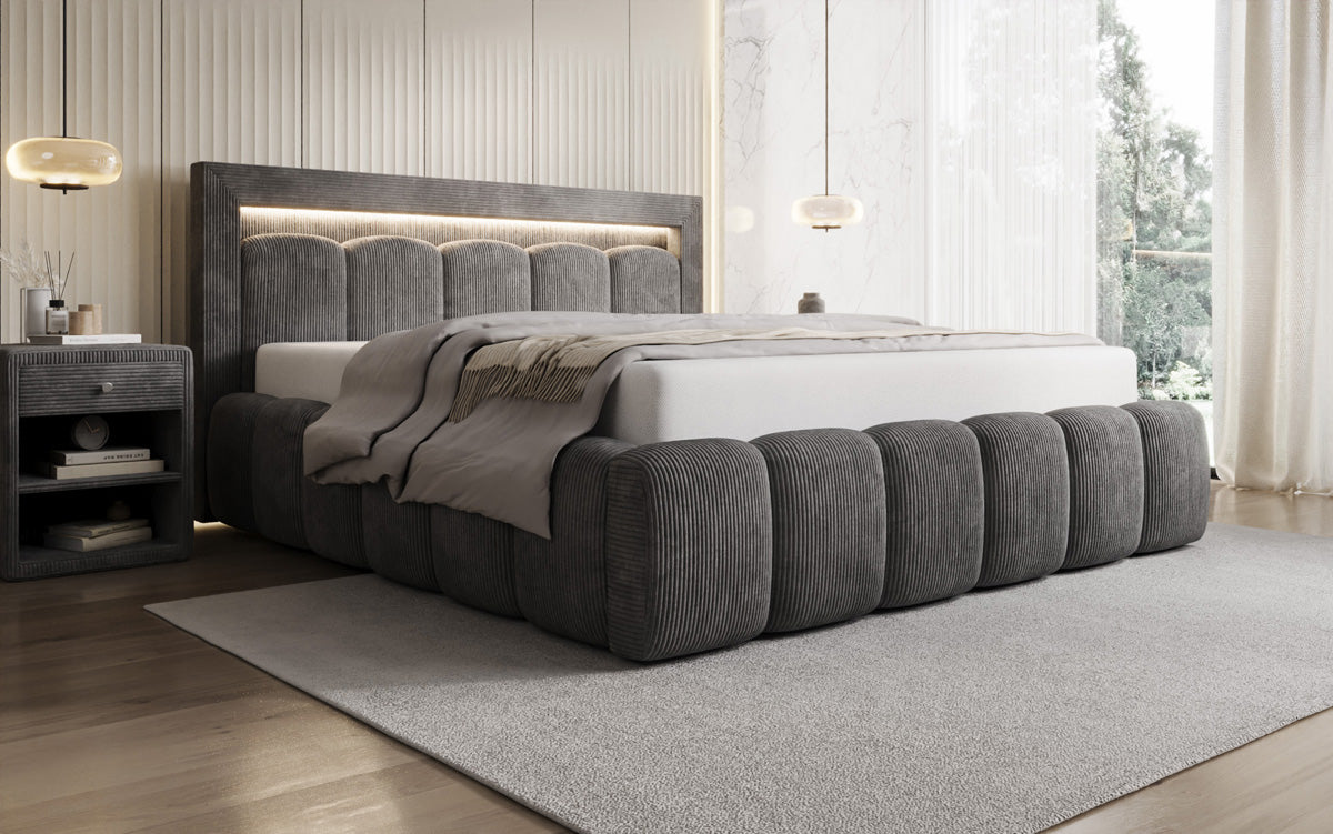 Designer Polsterbett Lume in Cord mit Stauraum und RGB Beleuchtung