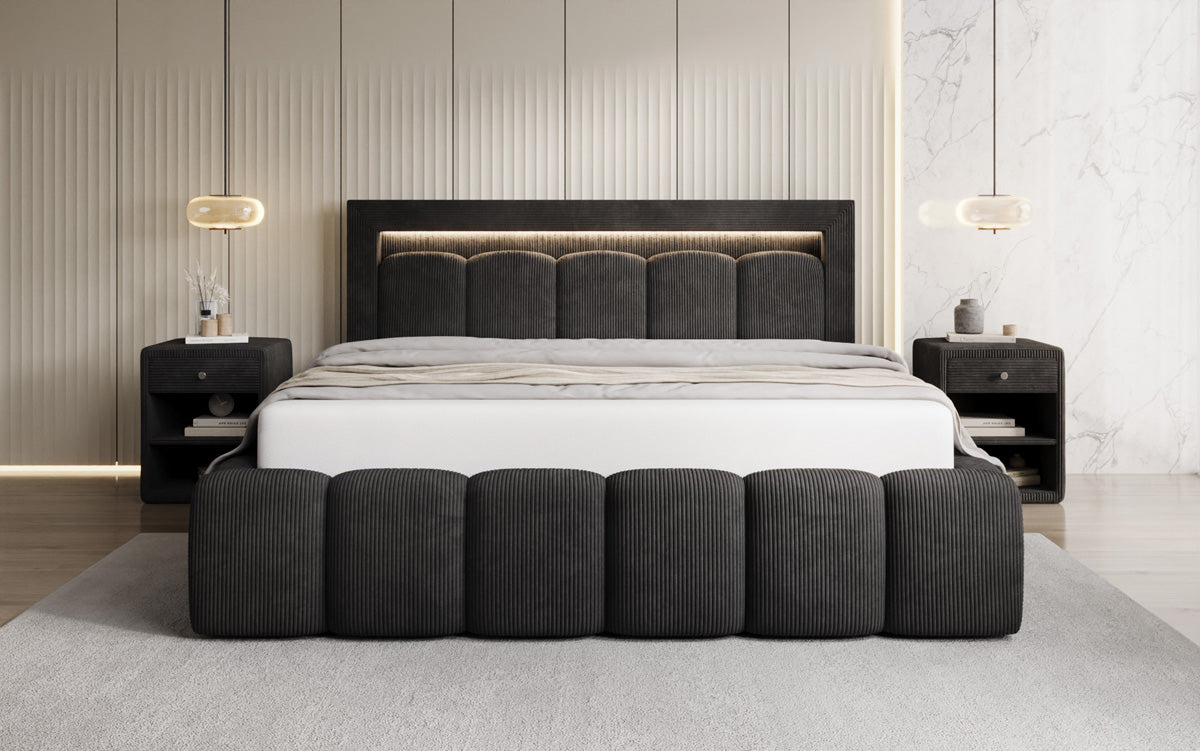 Designer Polsterbett Lume in Cord mit Stauraum und RGB Beleuchtung