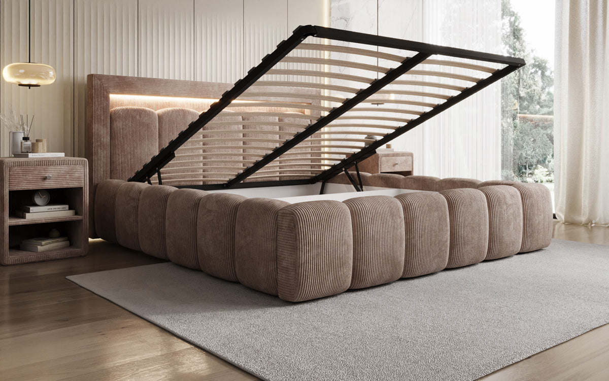 Designer Polsterbett Lume in Cord mit Stauraum und RGB Beleuchtung