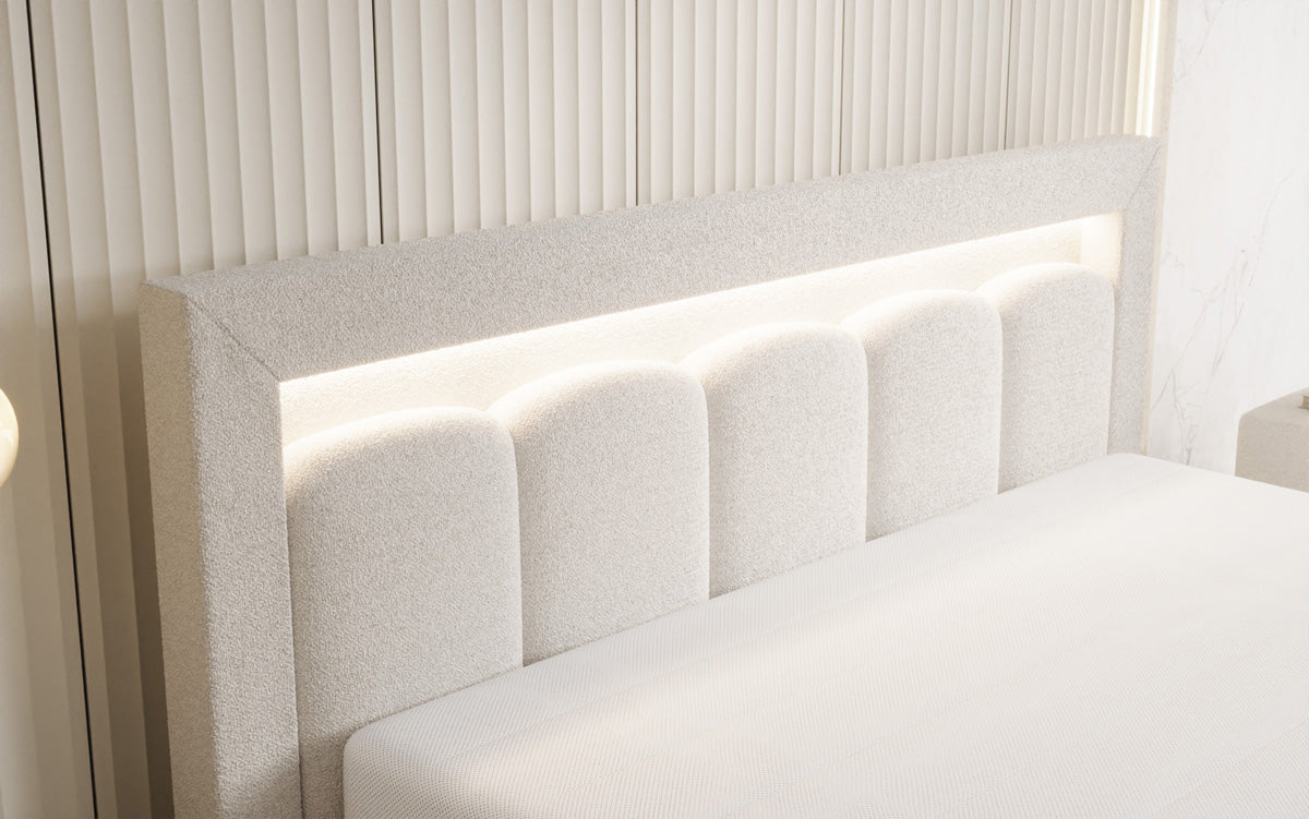 Designer Polsterbett Lume in Teddy Bouclé mit Stauraum und RGB Beleuchtung