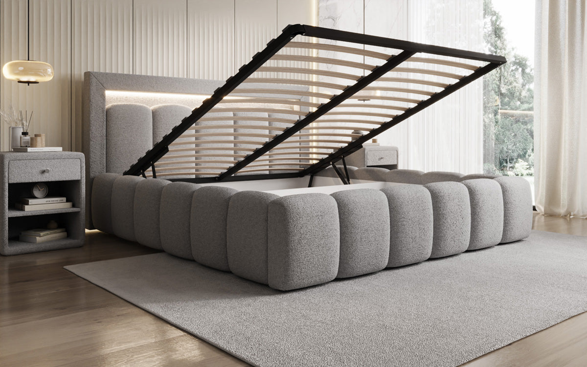 Designer Polsterbett Lume in Teddy Bouclé mit Stauraum und RGB Beleuchtung