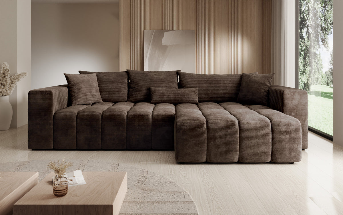 Designer Ecksofa Momo mit Schlaf- und Klappfunktion in Cord