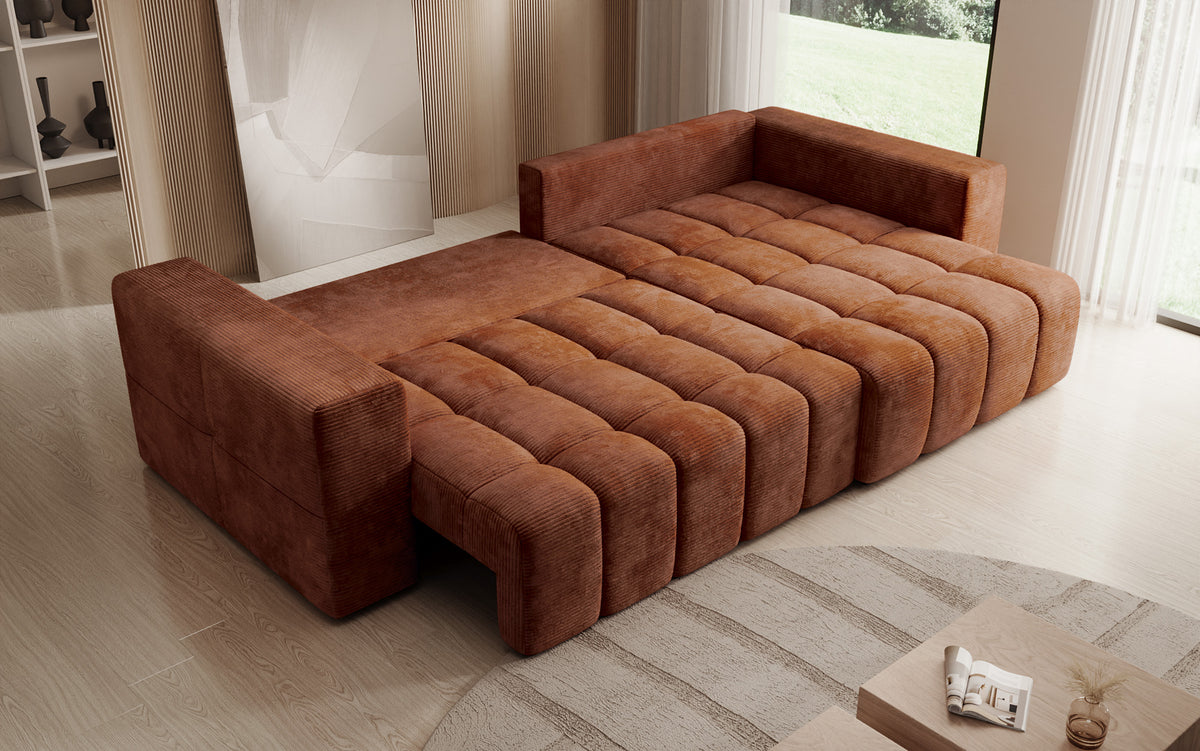 Designer Ecksofa Momo mit Schlaf- und Klappfunktion in Cord