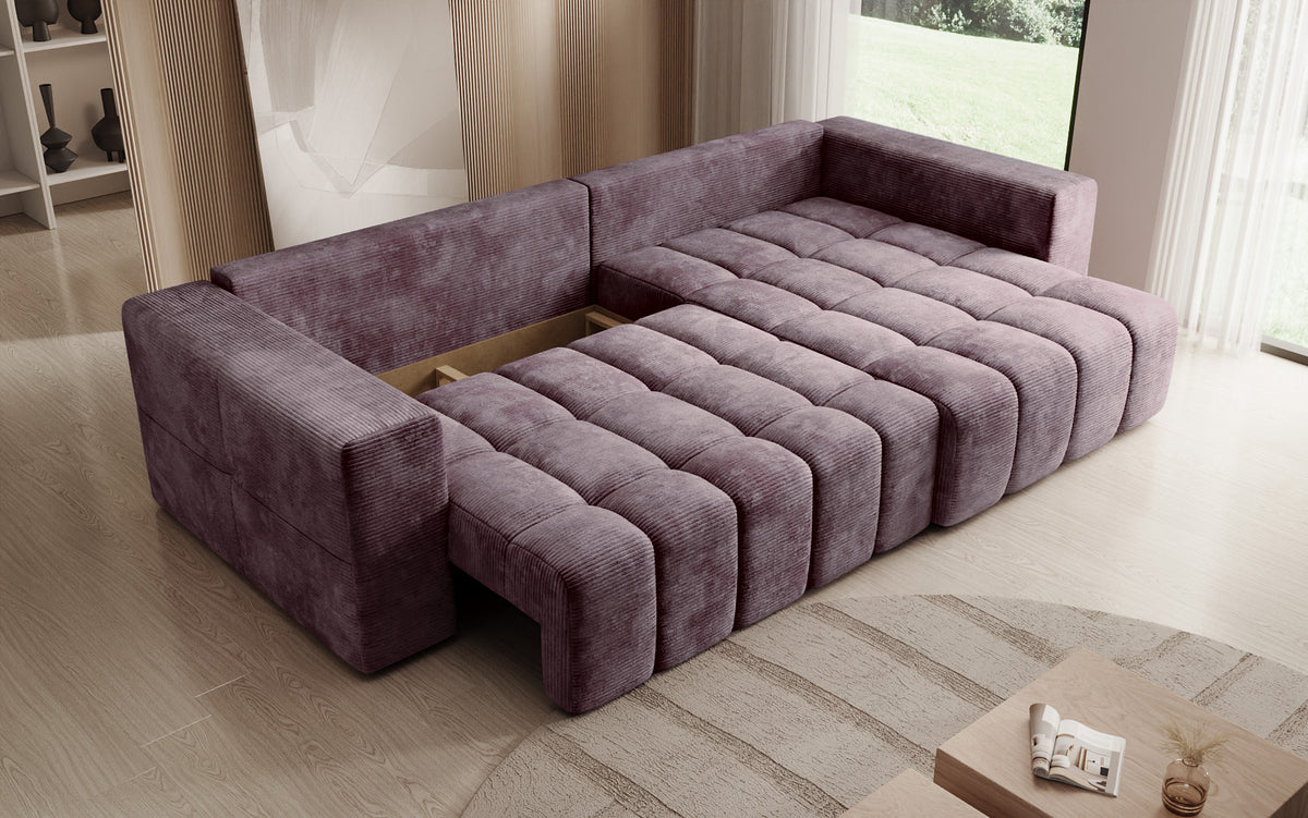 Designer Ecksofa Momo mit Schlaf- und Klappfunktion in Cord