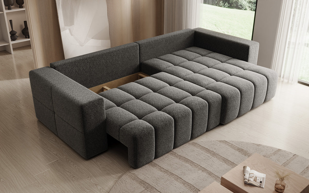 Designer Ecksofa Momo mit Schlaf- und Klappfunktion in Strukturstoff