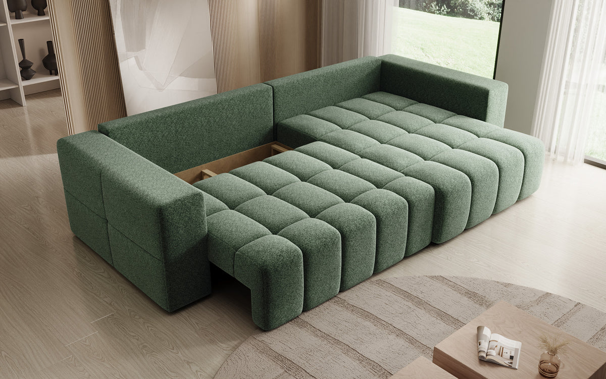 Designer Ecksofa Momo mit Schlaf- und Klappfunktion in Strukturstoff