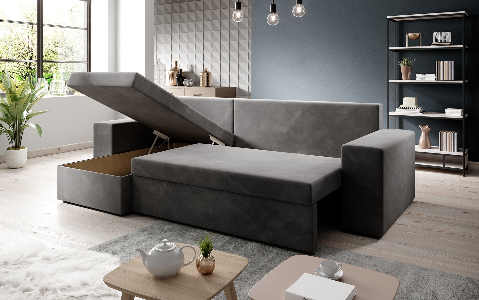 Designer Sofa Denver Bouclé mit Schlaf- und Klappfunktion