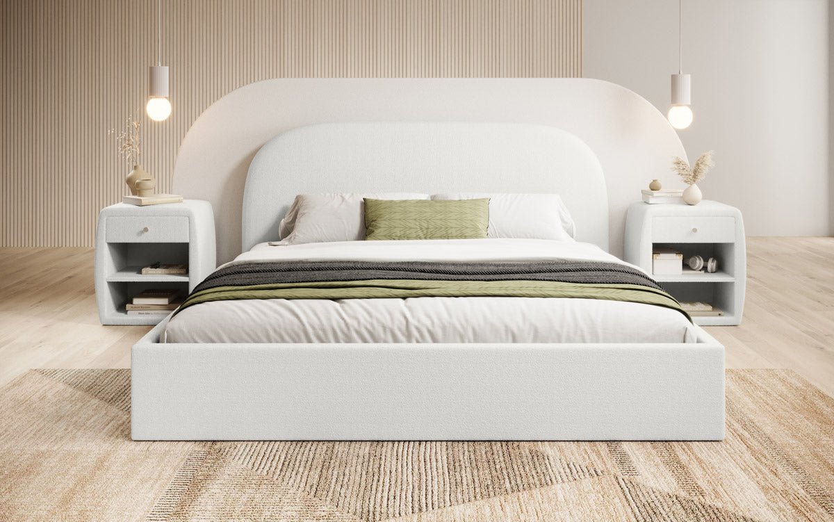 Designer Polsterbett Lorelei in Bouclé mit Stauraum
