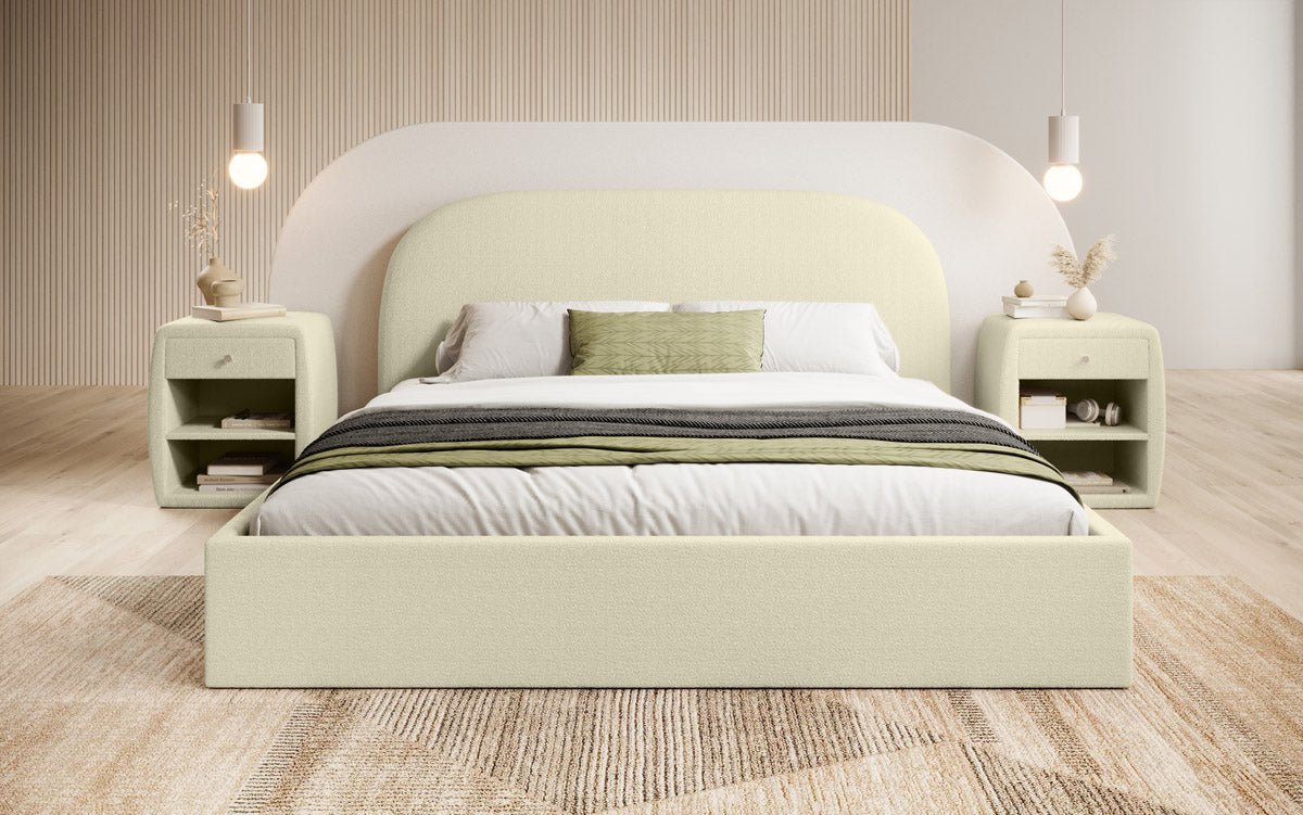 Designer Polsterbett Lorelei in Bouclé mit Stauraum