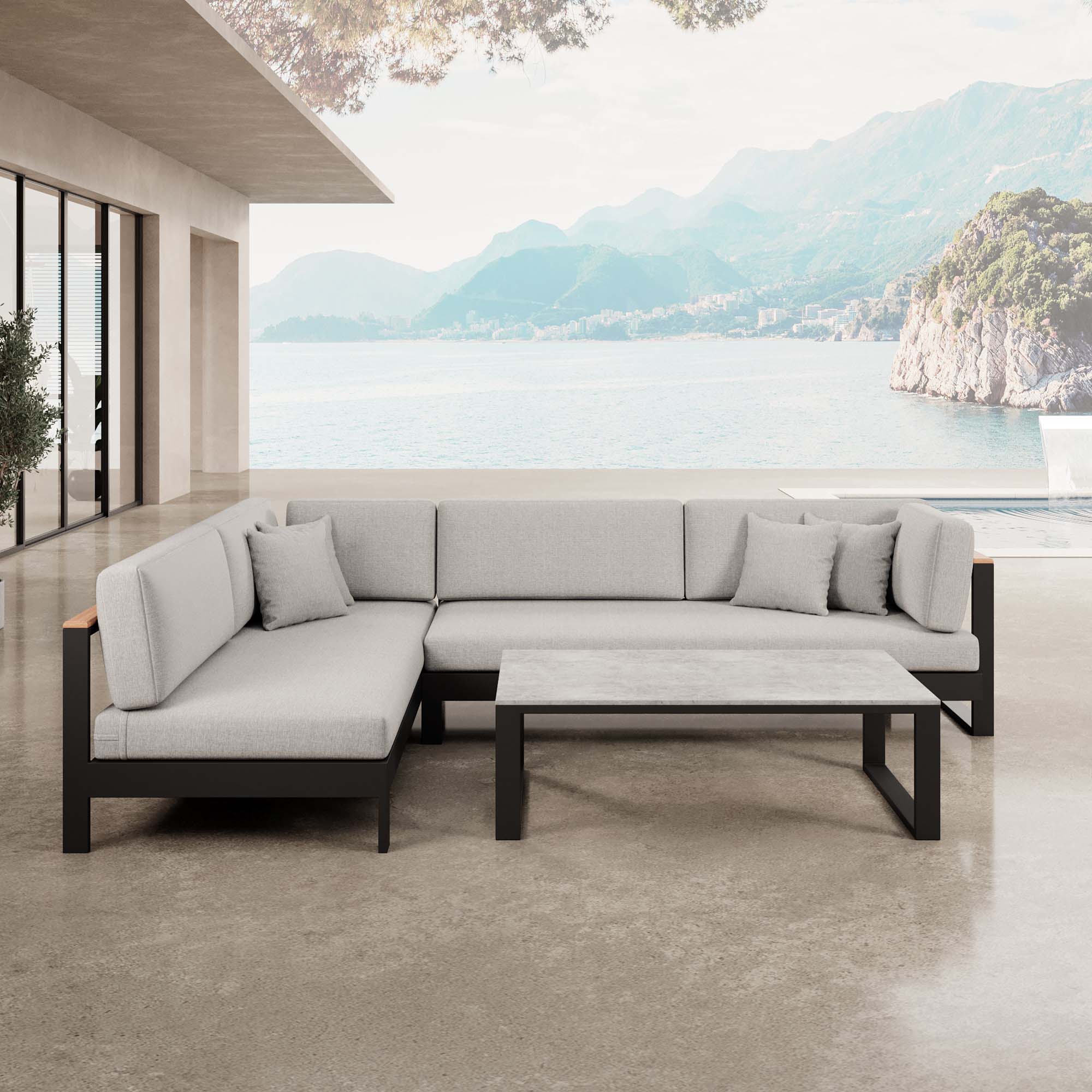 Vayla – Ecklounge, Ecksofa & Tisch aus schwarzem Aluminium | Aevora™ Kollektion