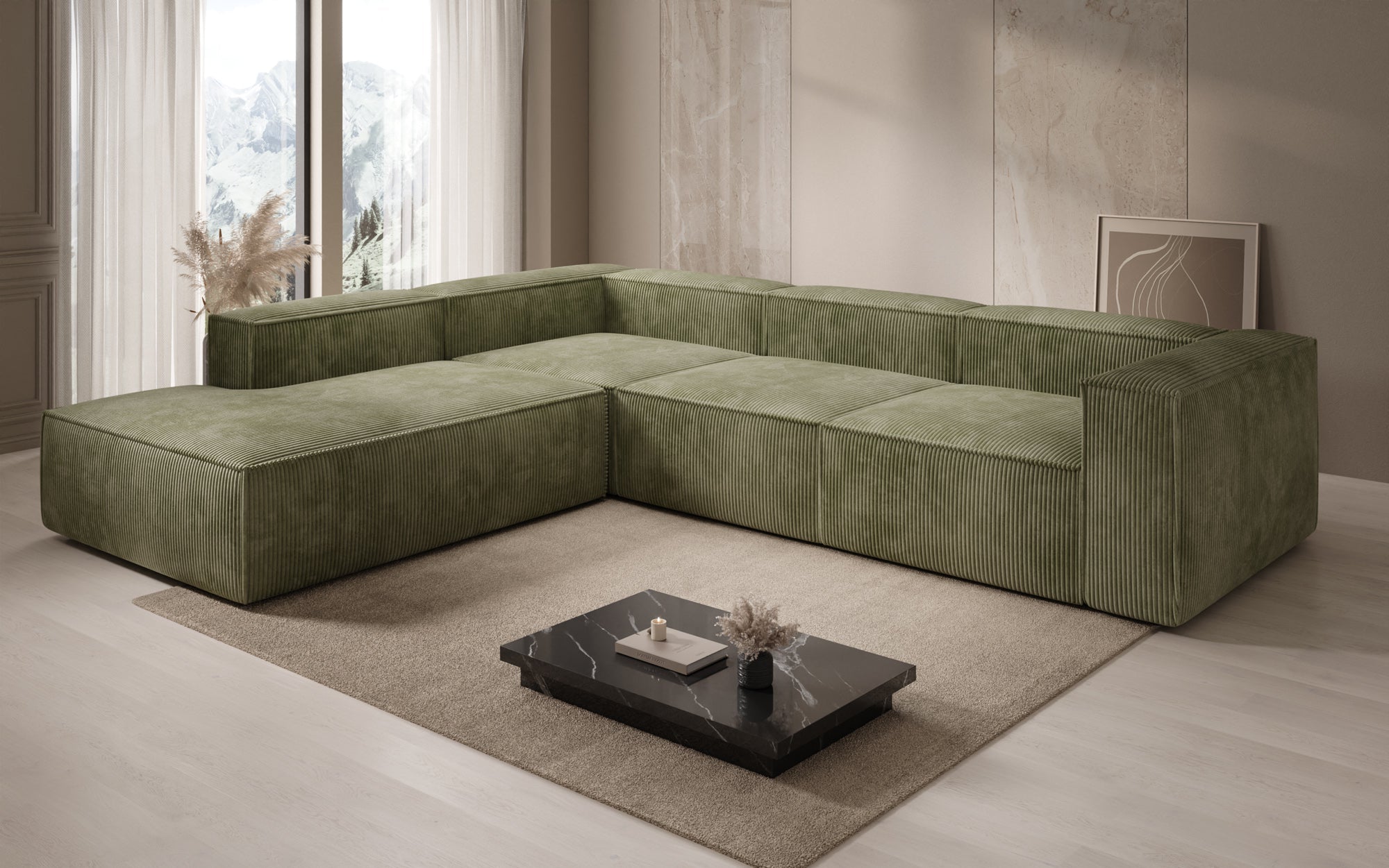 Designer Sofa Lesley L mit langer Ottomane in Cord