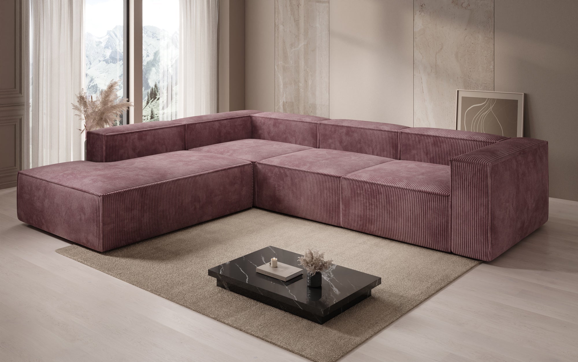 Designer Sofa Lesley L mit langer Ottomane in Cord