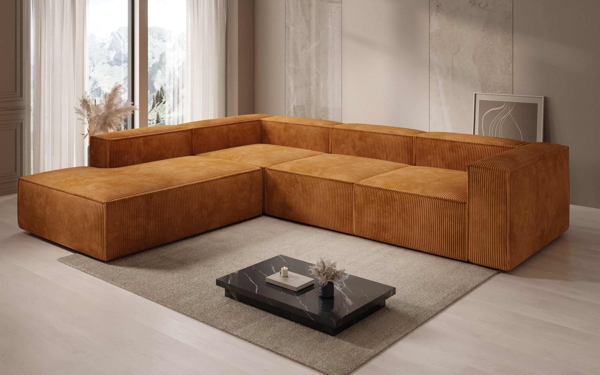 Designer Sofa Lesley L mit langer Ottomane in Cord