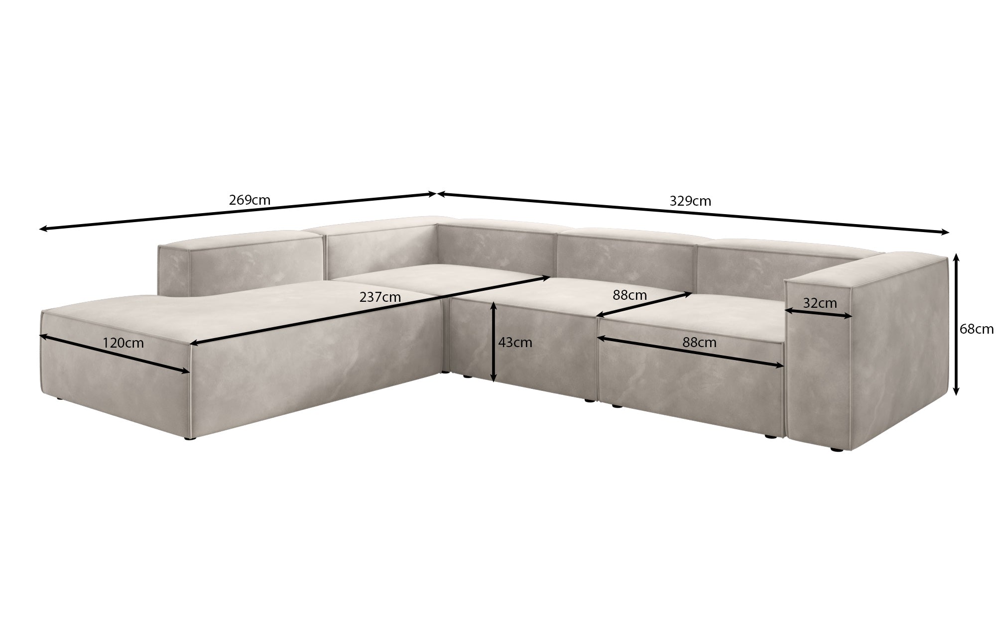 Designer Sofa Lesley L mit langer Ottomane in Samt