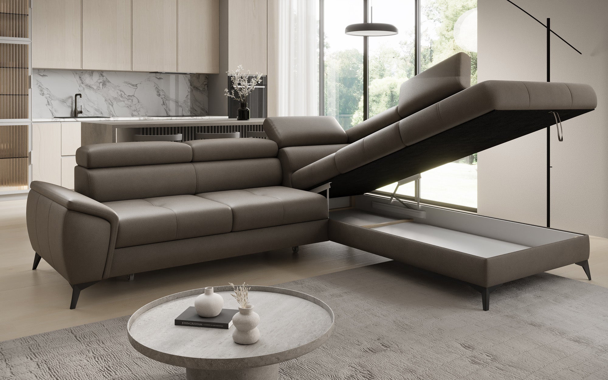 Designer L Sofa Aveline mit Schlaffunktion und Stauraum in Echtleder
