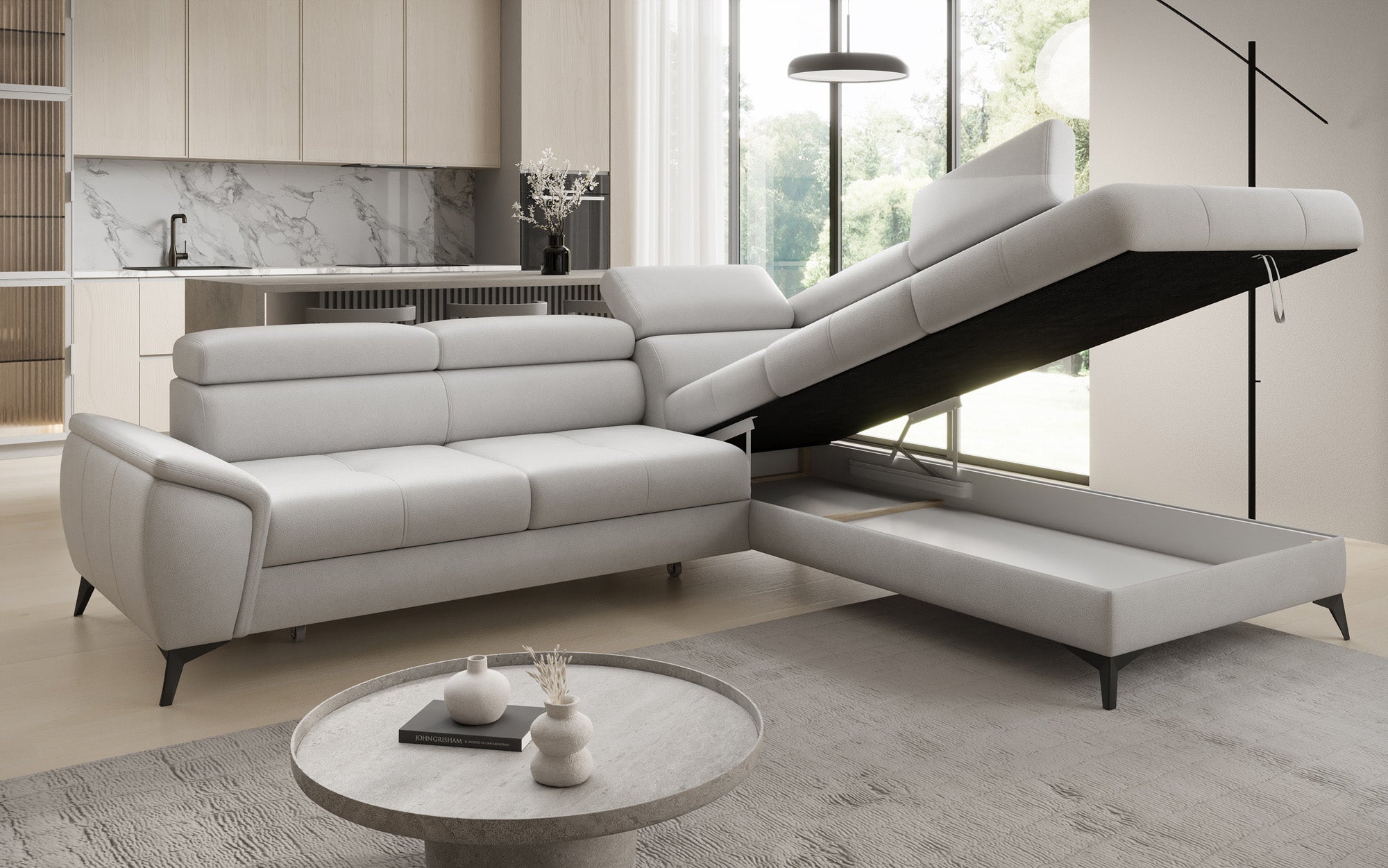 Designer L Sofa Aveline mit Schlaffunktion und Stauraum in Echtleder