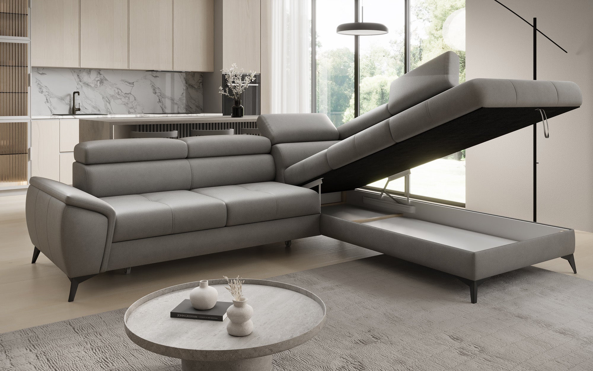 Designer L Sofa Aveline mit Schlaffunktion und Stauraum in Echtleder