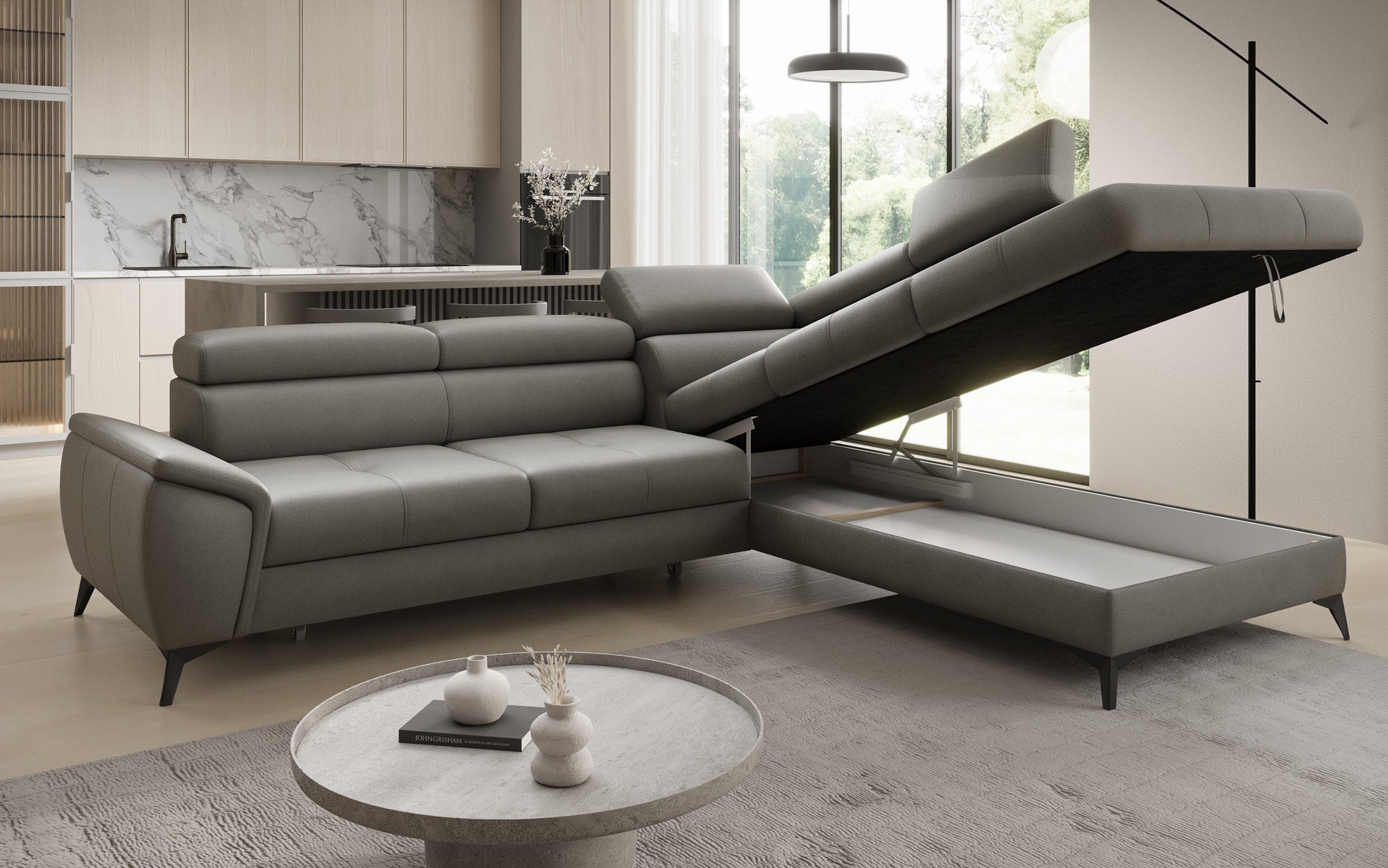 Designer L Sofa Aveline mit Schlaffunktion und Stauraum in Echtleder