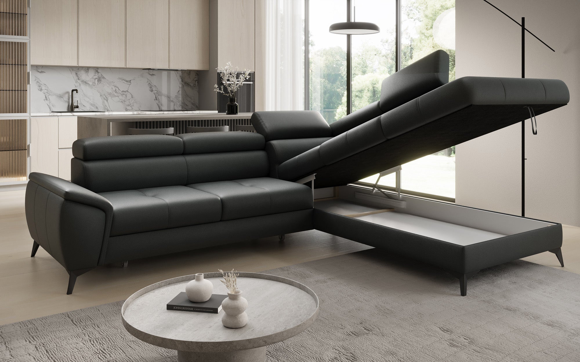 Designer L Sofa Aveline mit Schlaffunktion und Stauraum in Echtleder