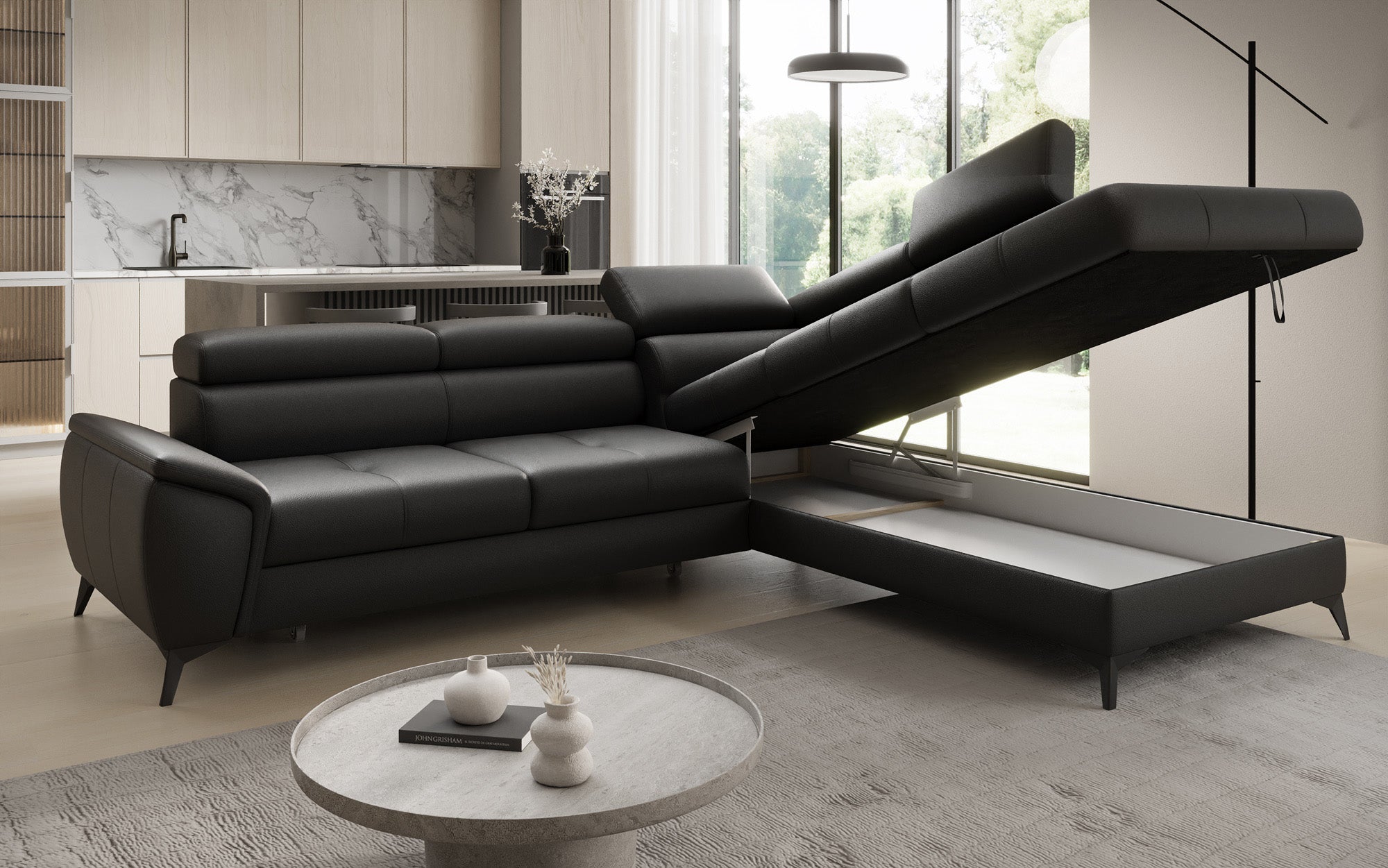 Designer L Sofa Aveline mit Schlaffunktion und Stauraum in Echtleder