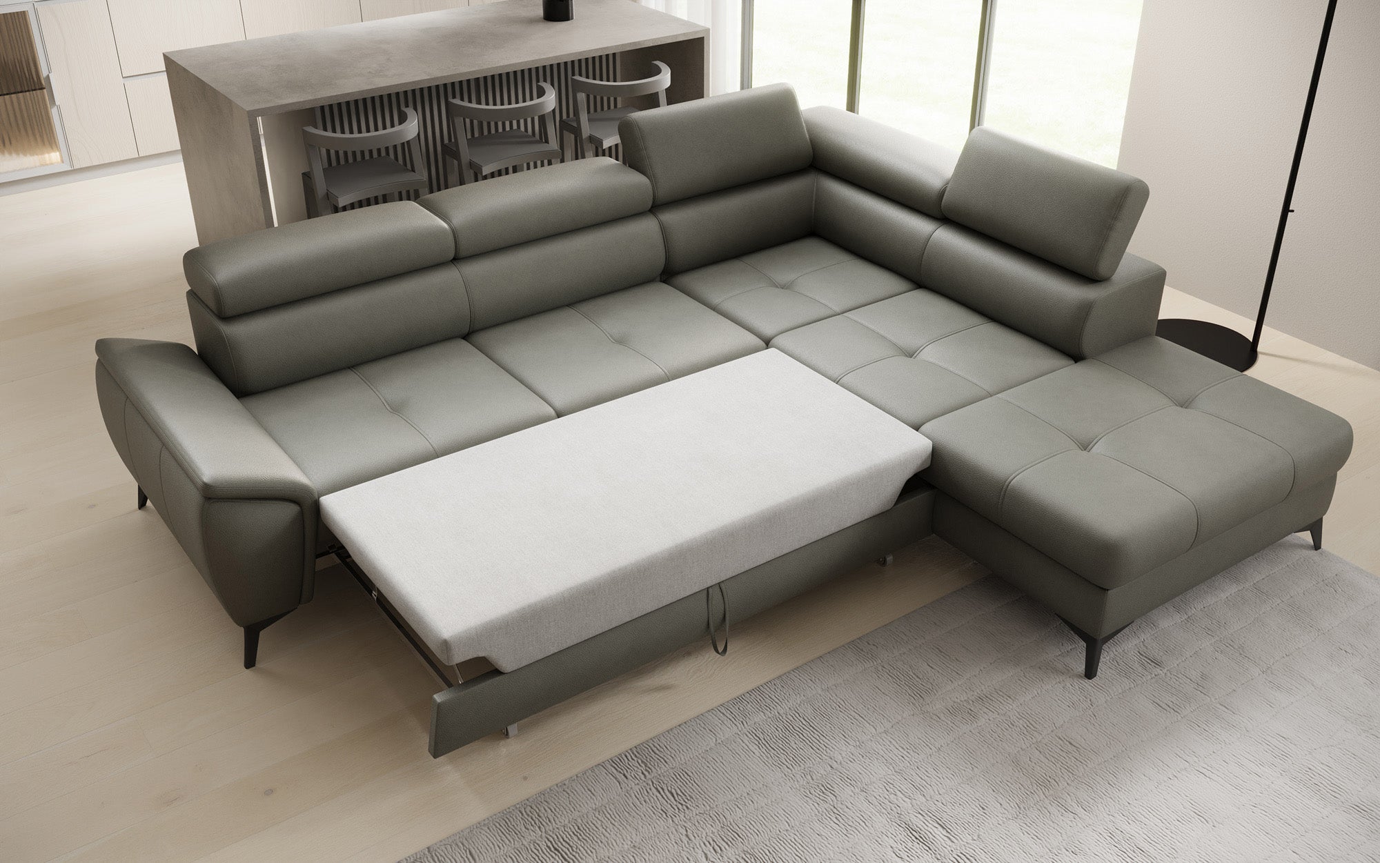 Designer L Sofa Aveline mit Schlaffunktion und Stauraum in Echtleder