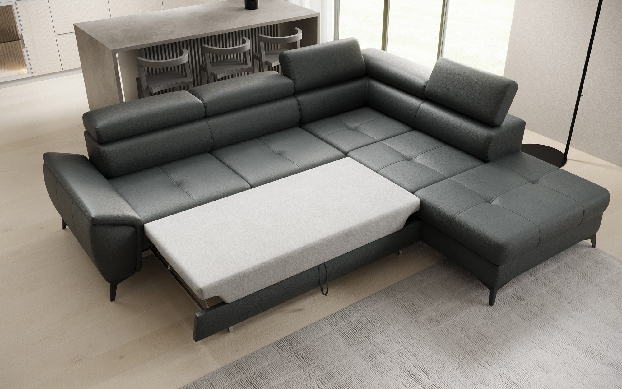 Designer L Sofa Aveline mit Schlaffunktion und Stauraum in Echtleder