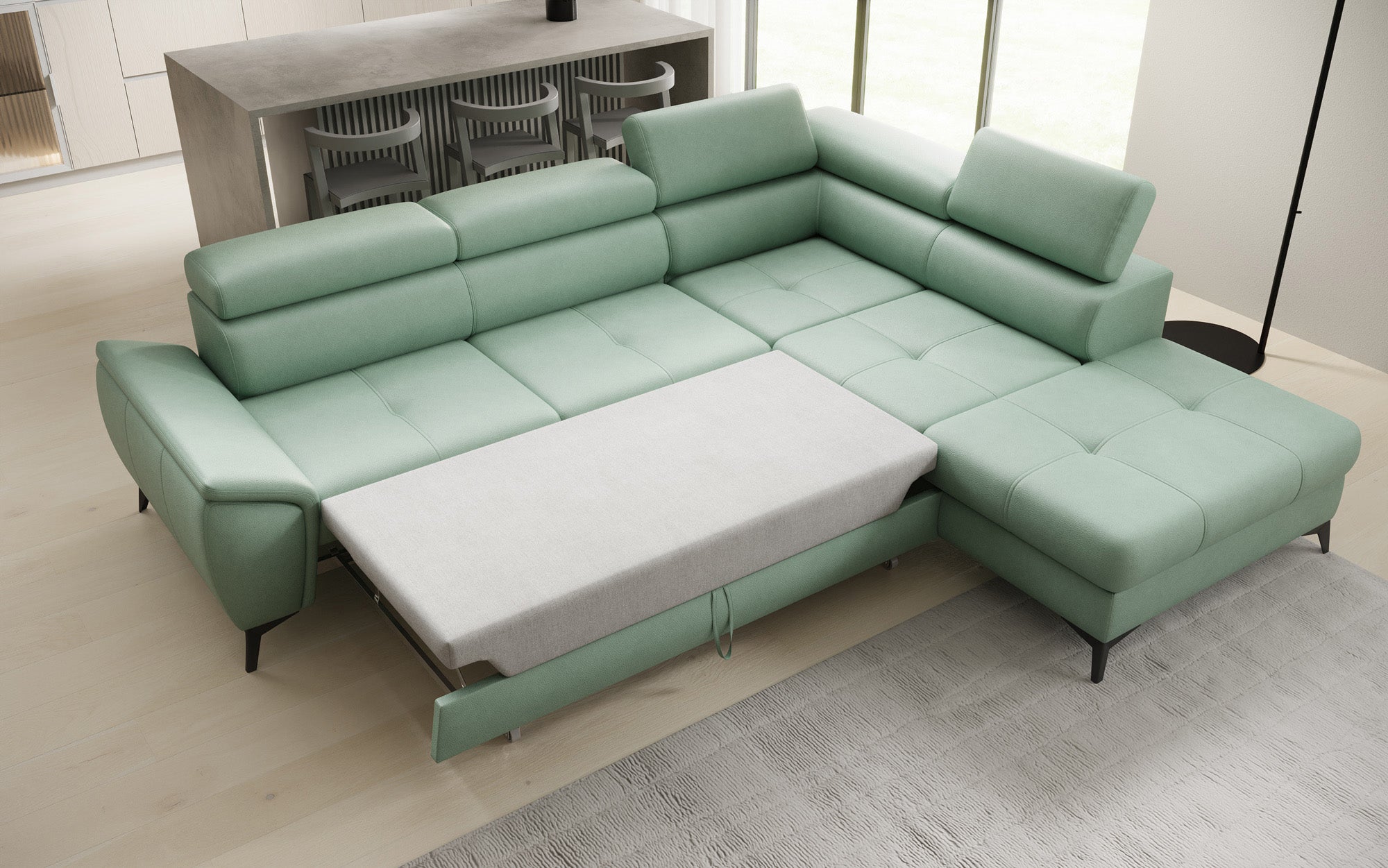Designer L Sofa Aveline mit Schlaffunktion und Stauraum in Echtleder