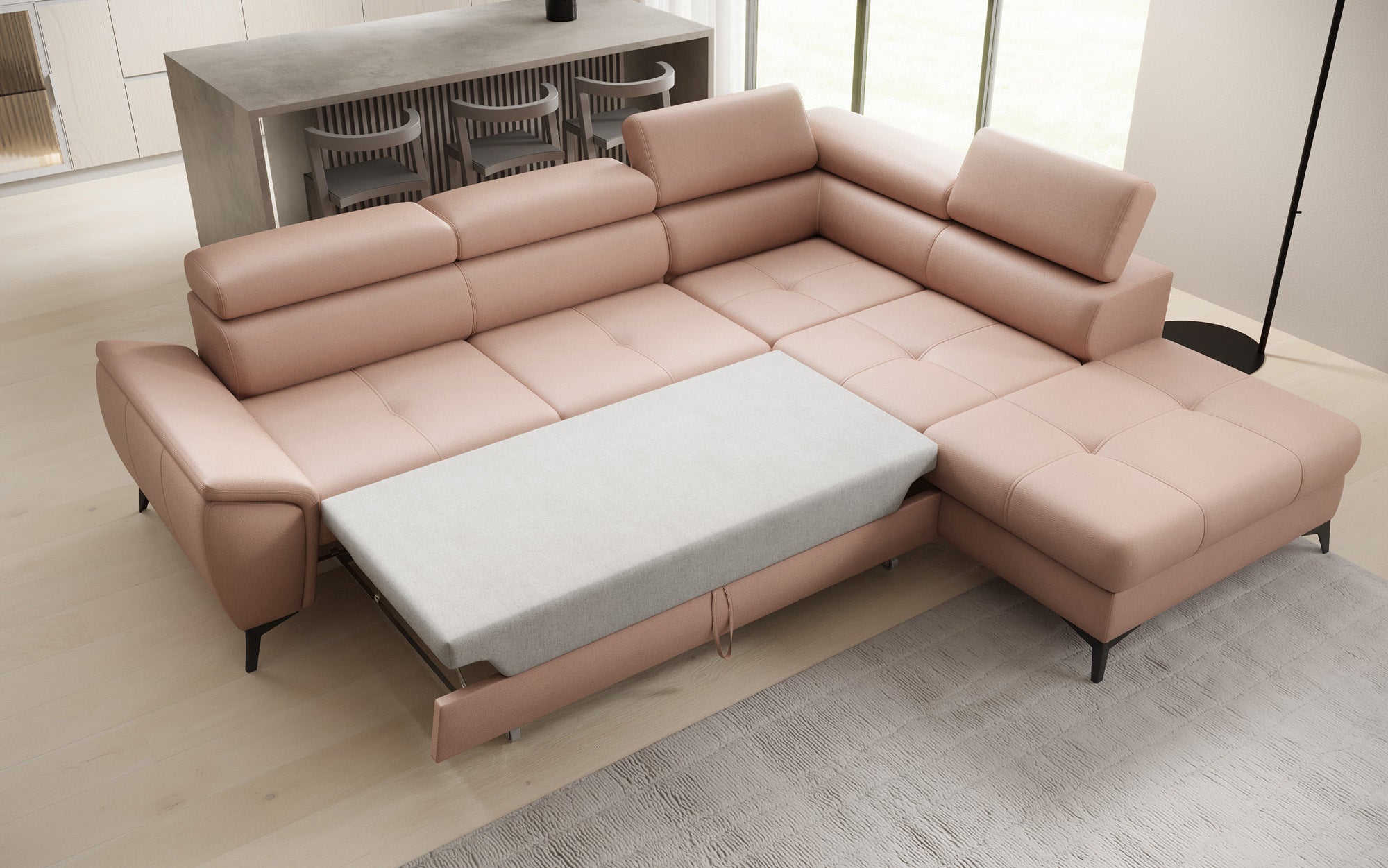 Designer L Sofa Aveline mit Schlaffunktion und Stauraum in Echtleder