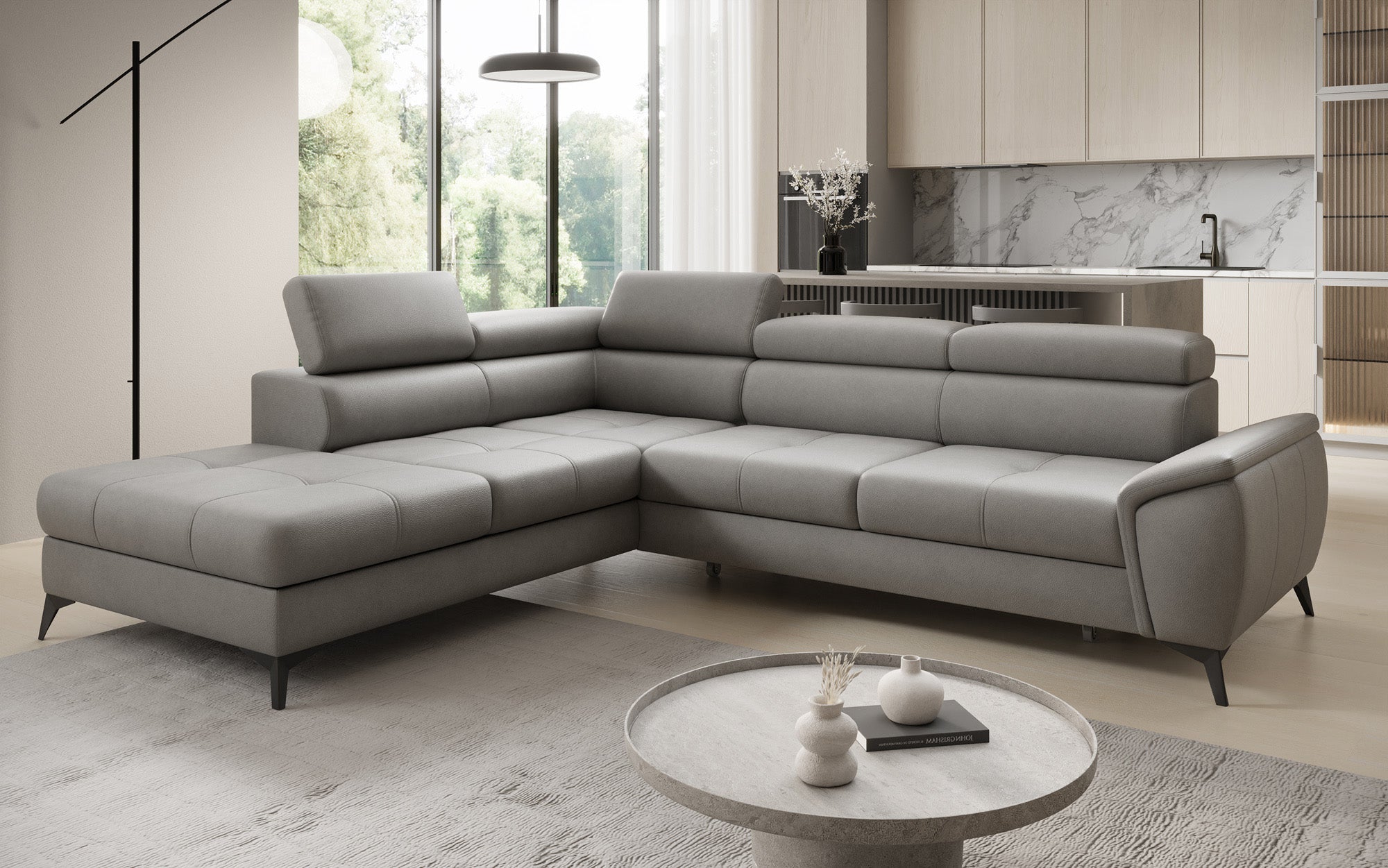 Designer L Sofa Aveline mit Schlaffunktion und Stauraum in Echtleder
