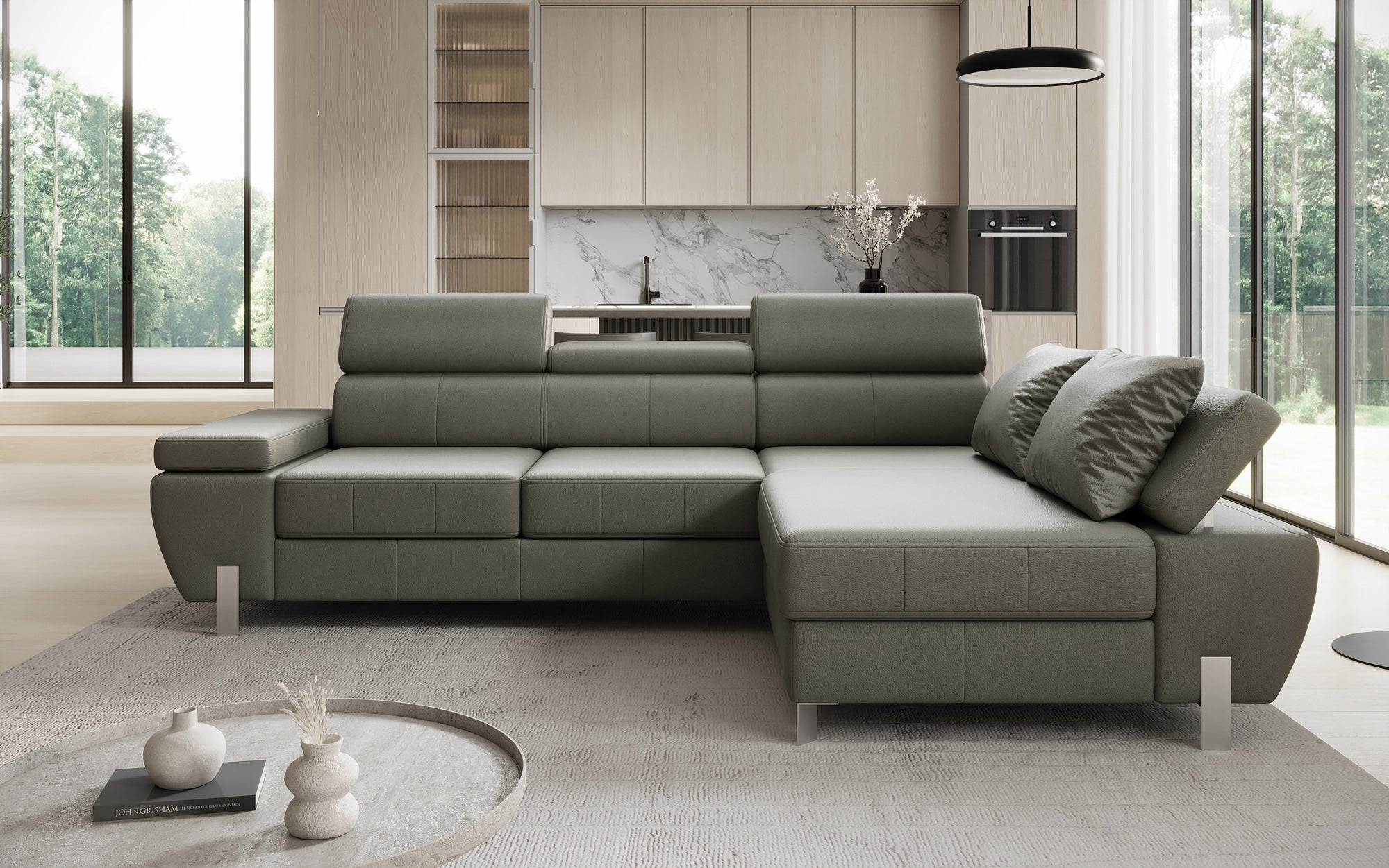 Designer L Sofa Calista mit Schlaffunktion und Stauraum in Echtleder