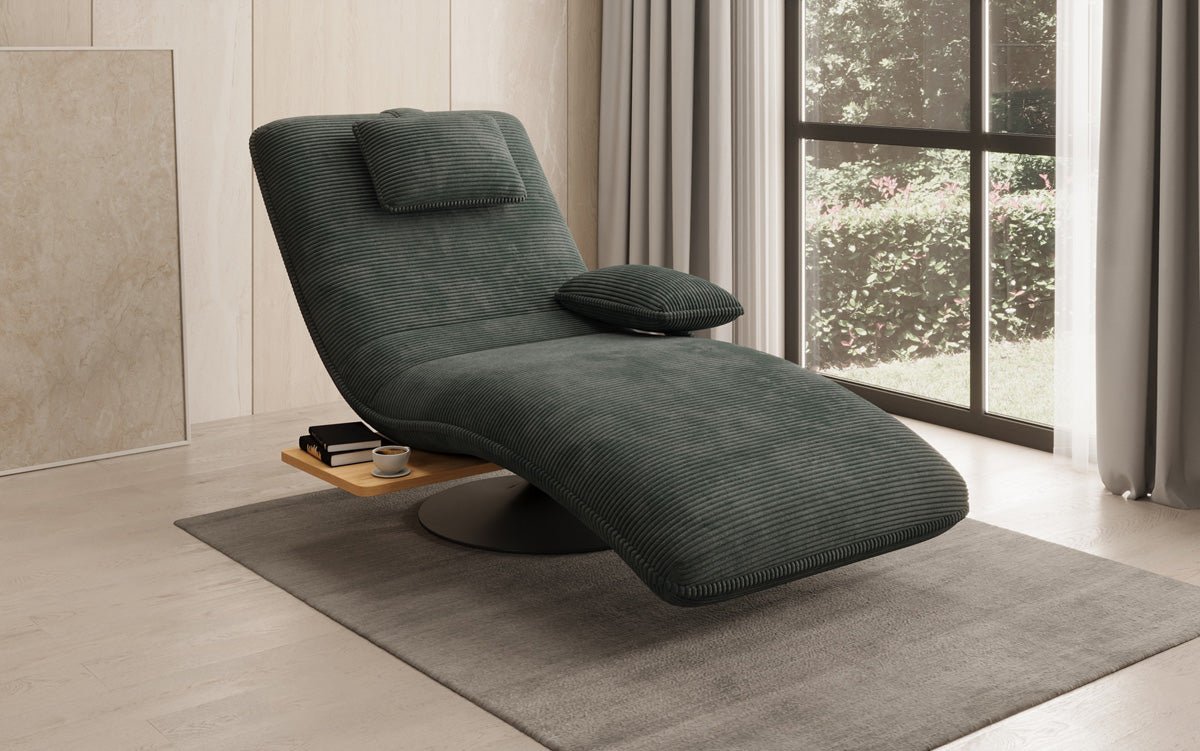 Designer Relax-Liege Velor Cord mit Drehfunktion und Beistelltisch