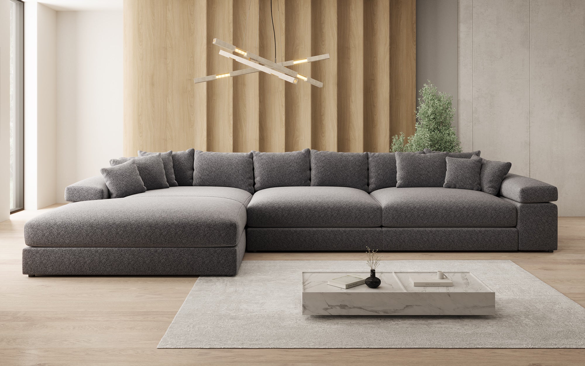 Designer Sofa Bernardo L Maxi mit breiter Ottomane in Strukturstoff