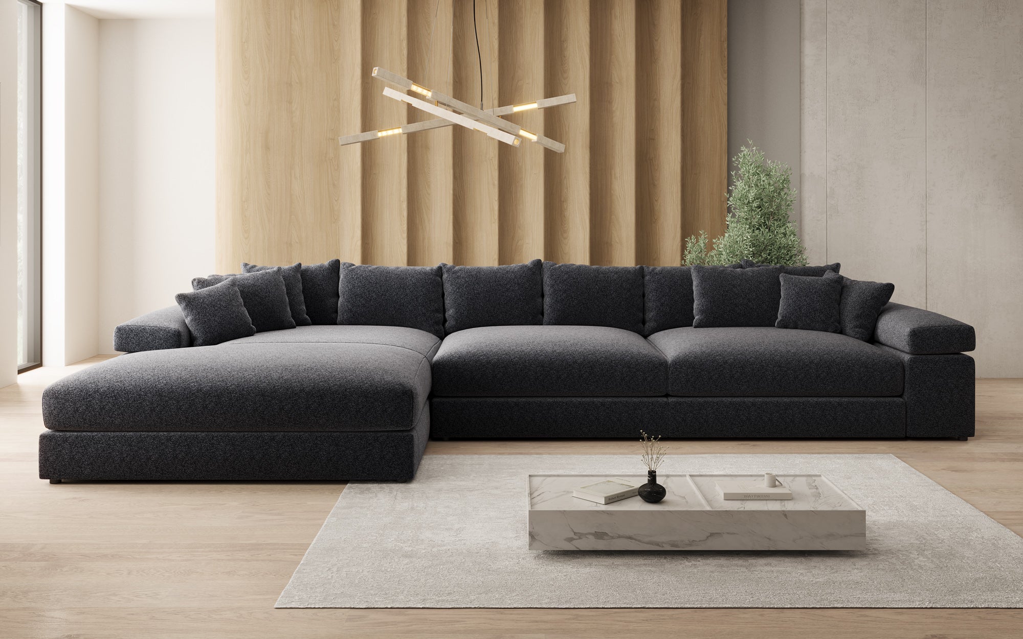 Designer Sofa Bernardo L Maxi mit breiter Ottomane in Strukturstoff